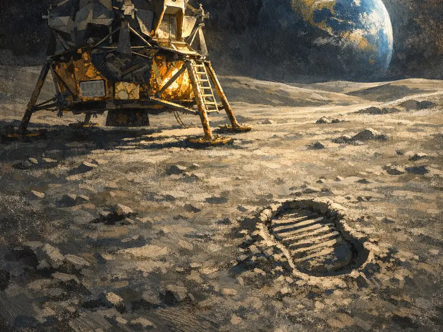 Histia illustration of a lunar module, the Moon's surface, and a bootprint