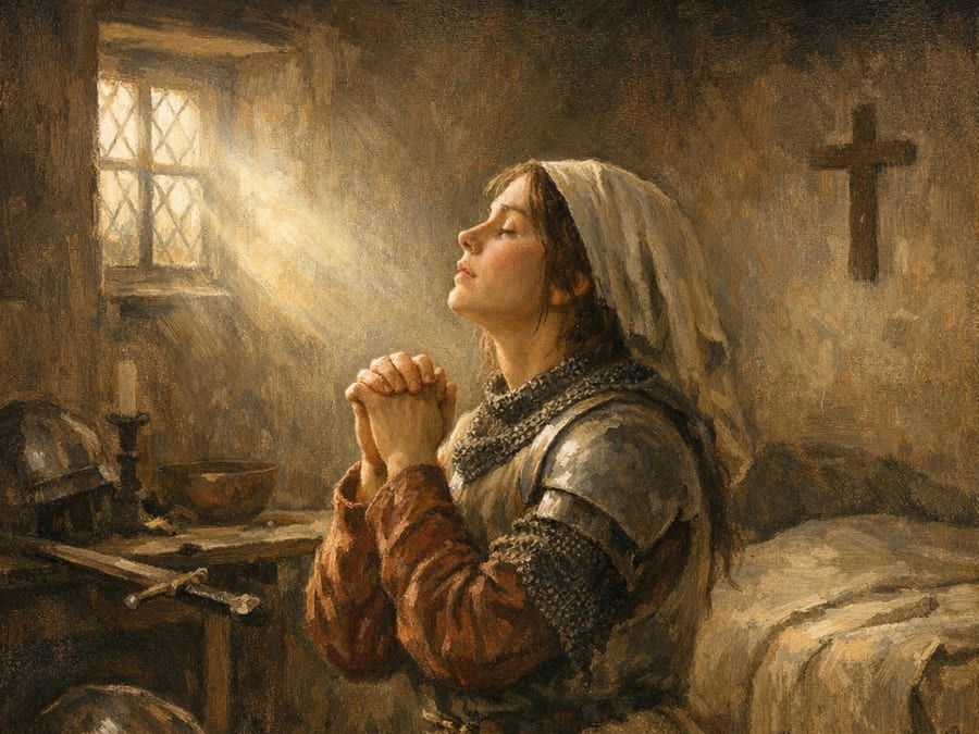 Histia illustration of Joan of Arc praying while held in captivity