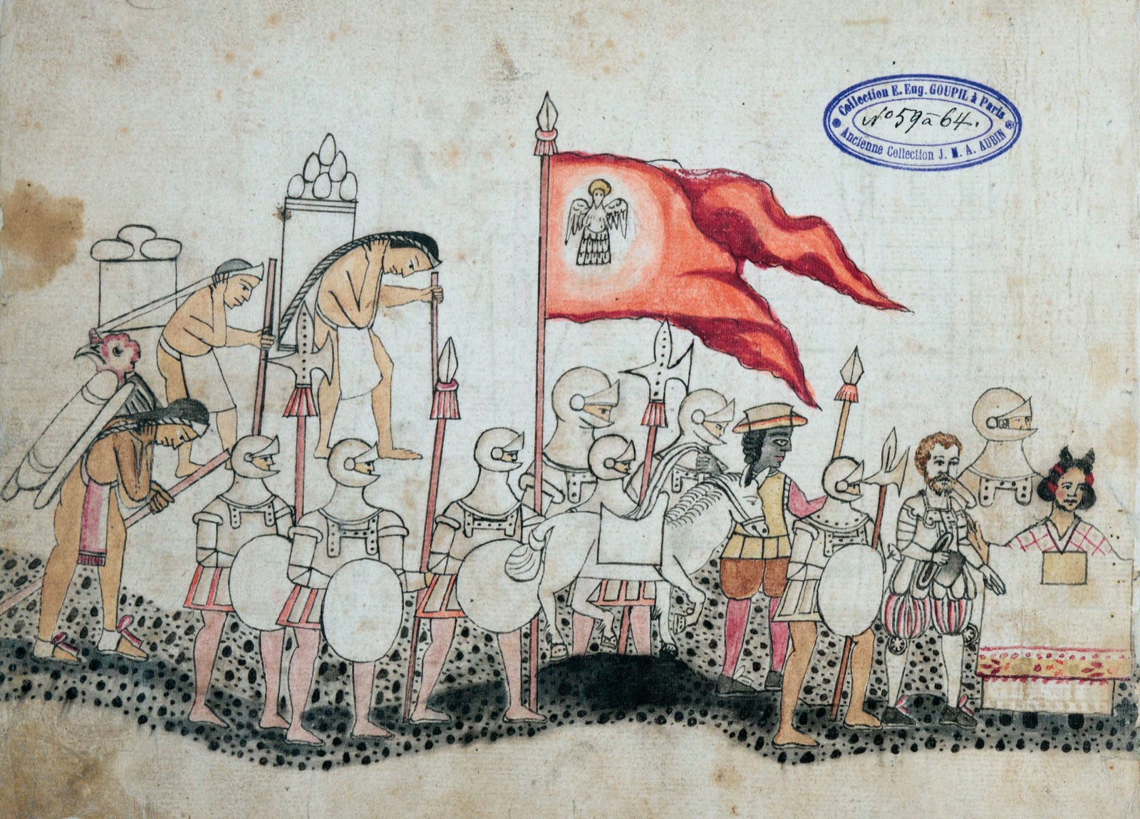 Codex Azcatitlan scene showing Hernán Cortés and Malintzin with a Spanish and Indigenous army