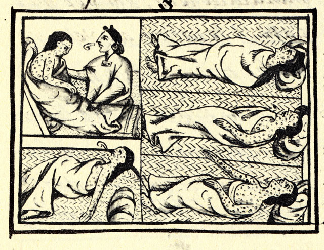 Florentine Codex illustration of people suffering during the smallpox epidemic in Mexico