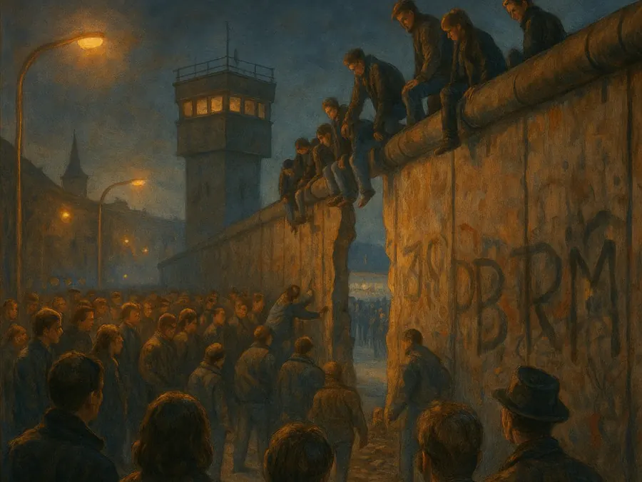 Histia illustration of people gathering and climbing at the Berlin Wall at night
