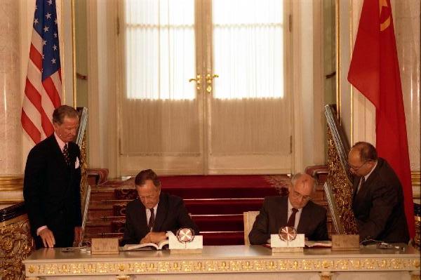 George H. W. Bush and Mikhail Gorbachev signing the START I treaty in Moscow on July 31, 1991