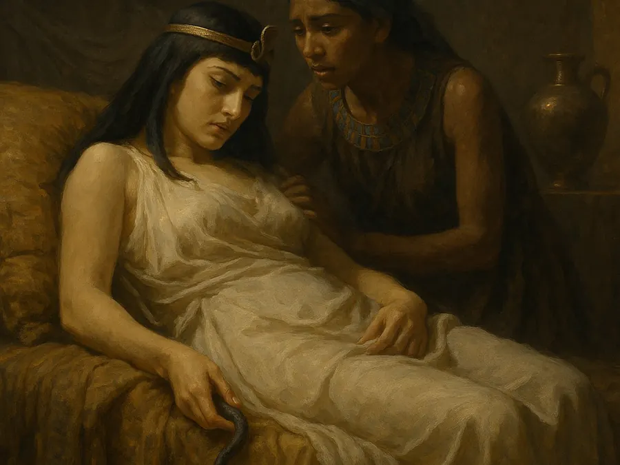 Histia illustration of Cleopatra lying on a couch with an attendant nearby