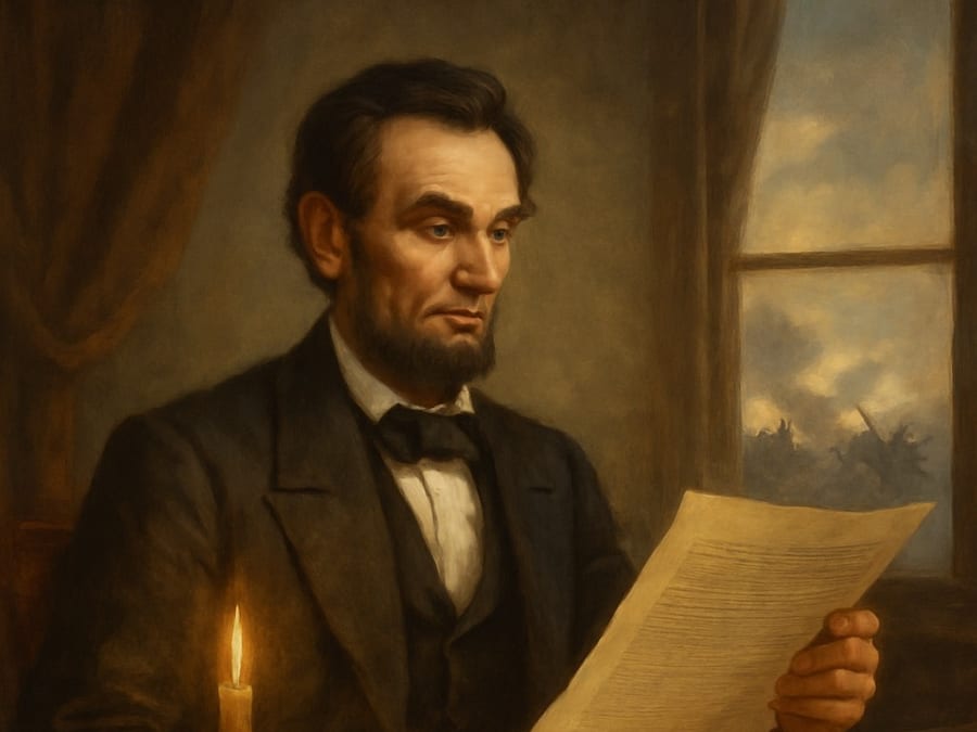 Histia illustration of Abraham Lincoln reading a document