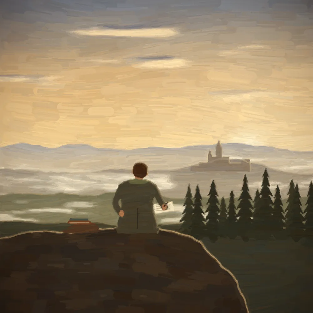 Histia painting of a reader seated on a rock, writing notes above misty hills and a cathedral town