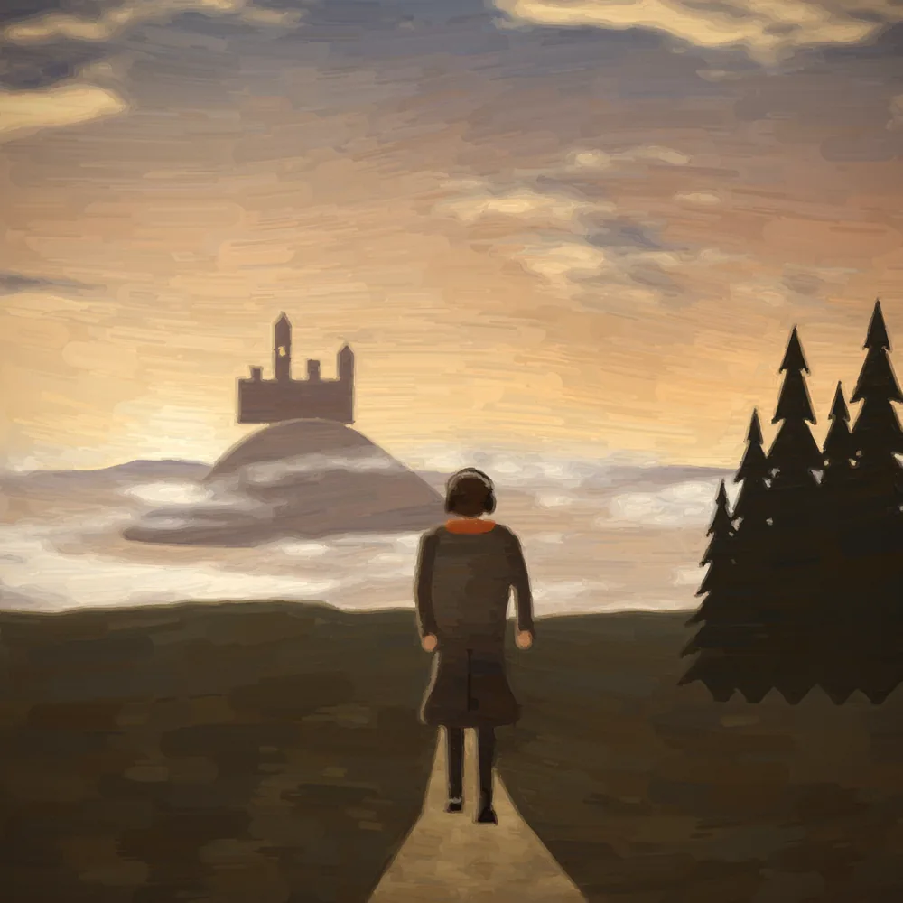 Histia painting of a walker in headphones on a heath path at dawn, a castle rising from the valley mist