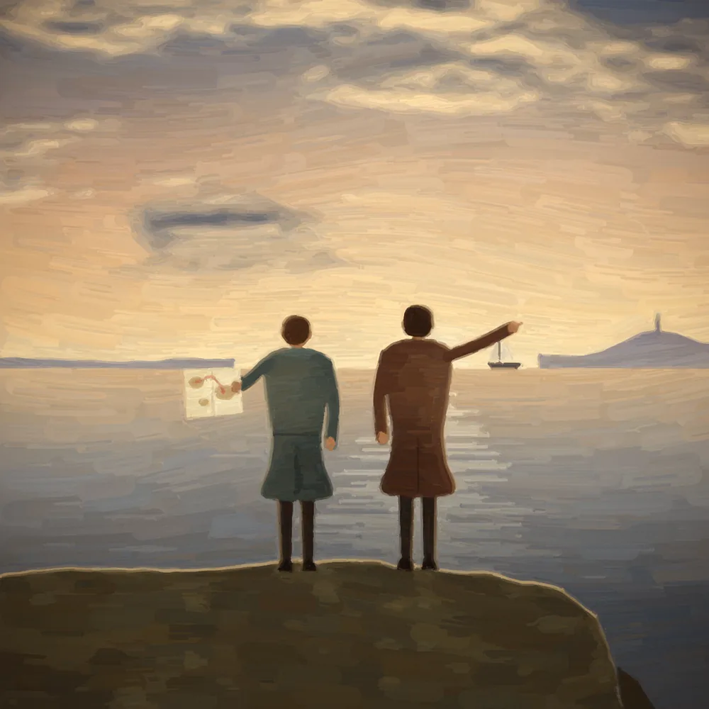 Histia painting of two friends on a sea cliff at sunrise, one holding a map, the other pointing to a distant shore