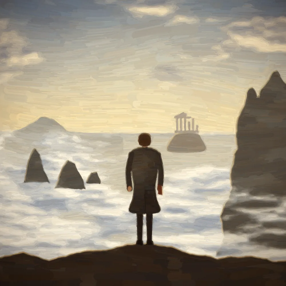 Histia painting of a walker seen from behind on a summit above a sea of fog, a ruined temple on a distant rock