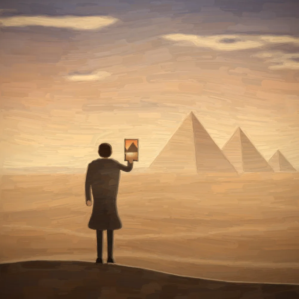 Histia painting of a traveller holding up a phone to frame the pyramids at dawn