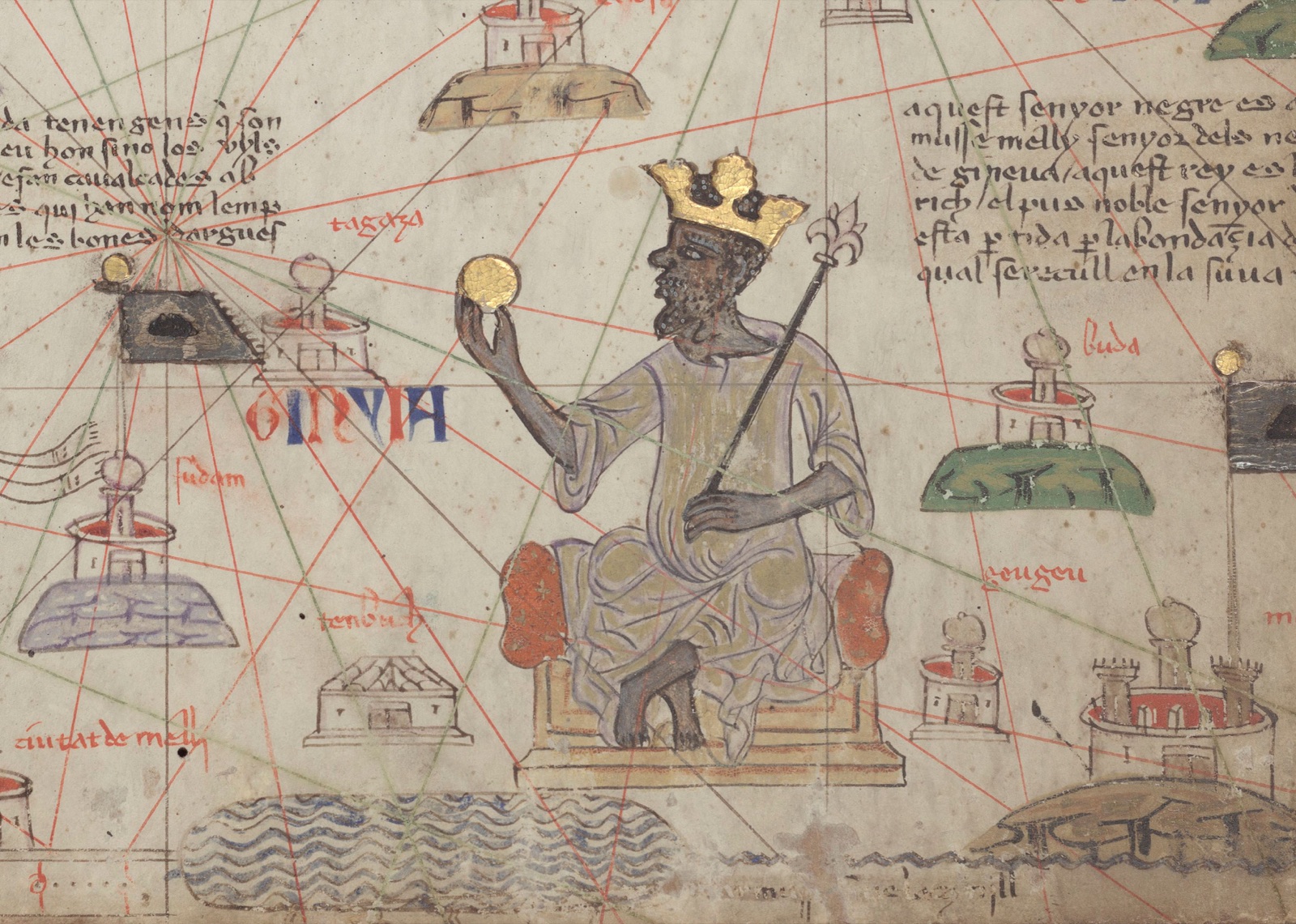 Mansa Musa shown seated with a gold object in the 1375 Catalan Atlas