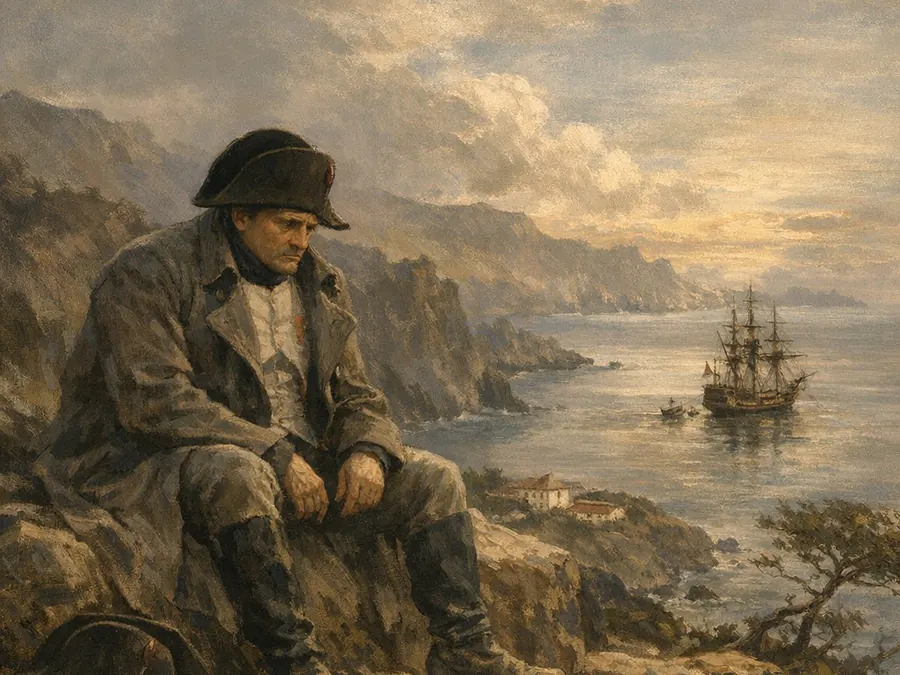 Histia illustration of Napoleon seated above a remote coastline with a sailing ship offshore