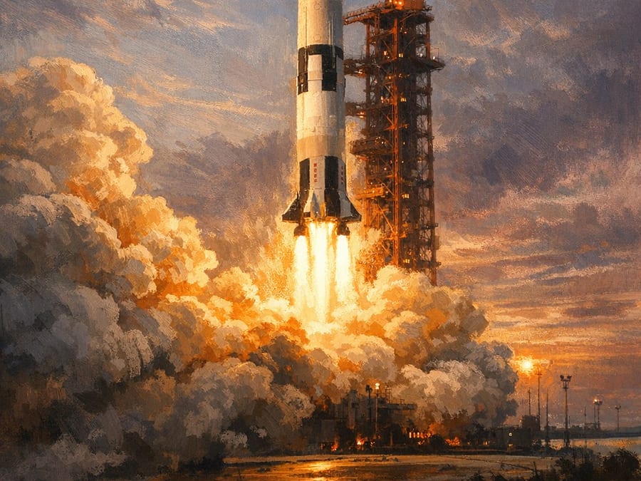 Histia illustration of the Saturn V rocket launching Apollo 11
