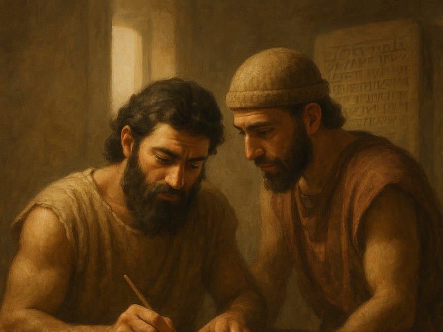 Histia illustration of two Mesopotamian scribes working with a clay record