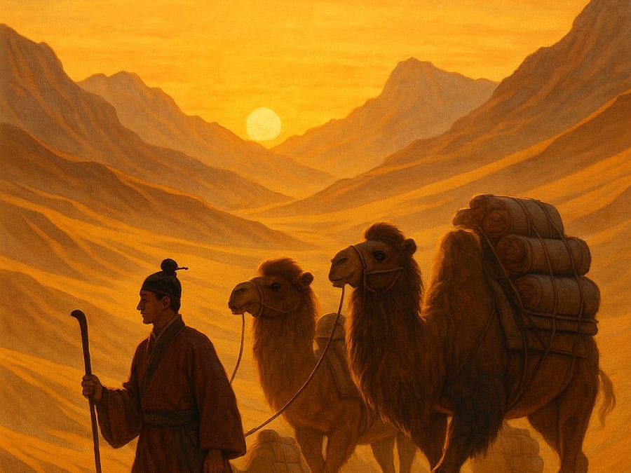 Histia illustration of a traveller leading laden camels through a Central Asian mountain route