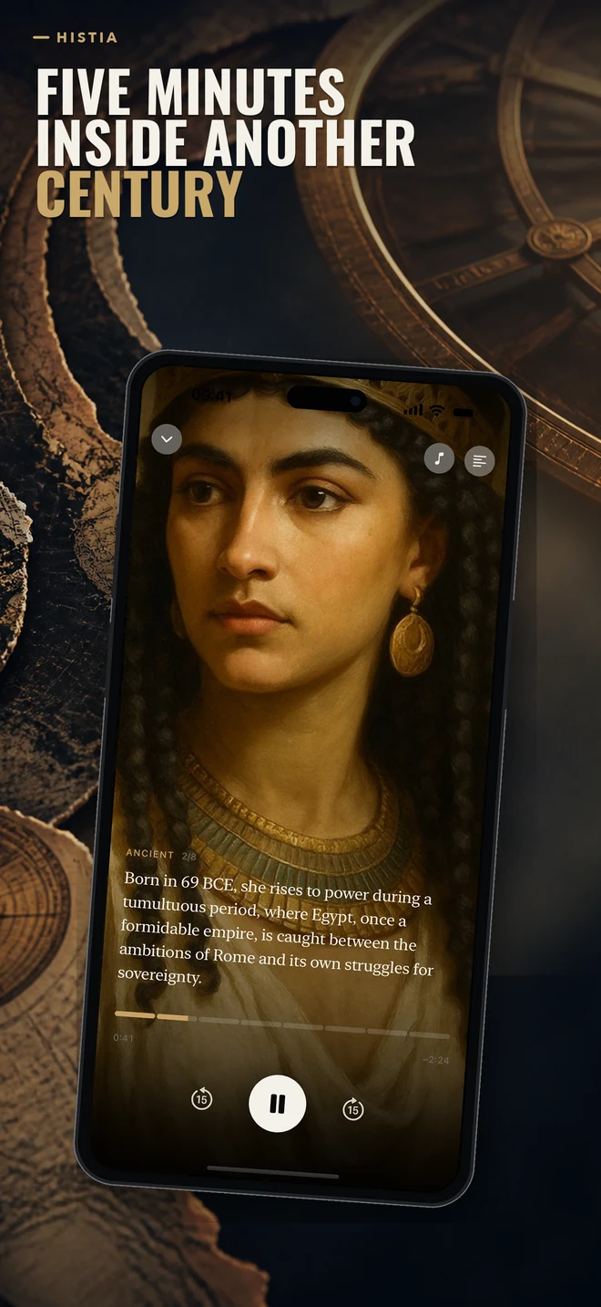 Histia promotional App Store screenshot reading Five minutes inside another century, with a Cleopatra cinematic story player
