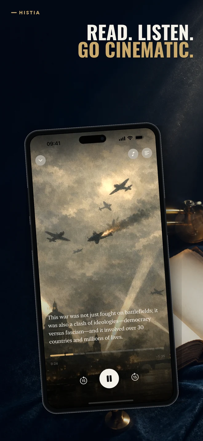 Histia promotional App Store screenshot reading Read. Listen. Go cinematic., with a World War II story player