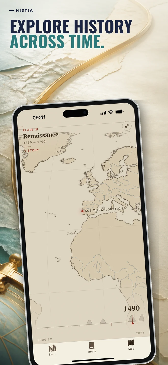 Histia promotional App Store screenshot reading Explore history across time., with the interactive map set to 1490