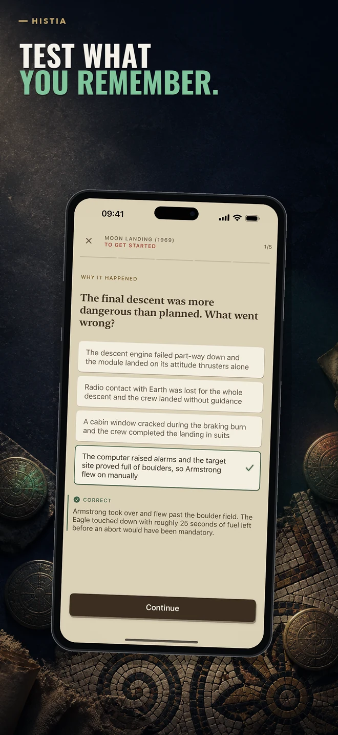 Histia promotional App Store screenshot reading Test what you remember., with a Moon Landing quiz question
