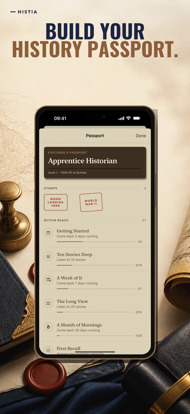 Histia promotional App Store screenshot reading Build your history passport., with the History Passport progress screen
