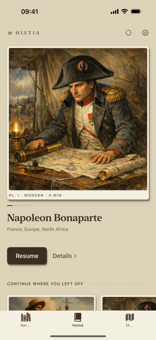 Histia home screen featuring a four-minute Napoleon story and the Ancient Worlds series