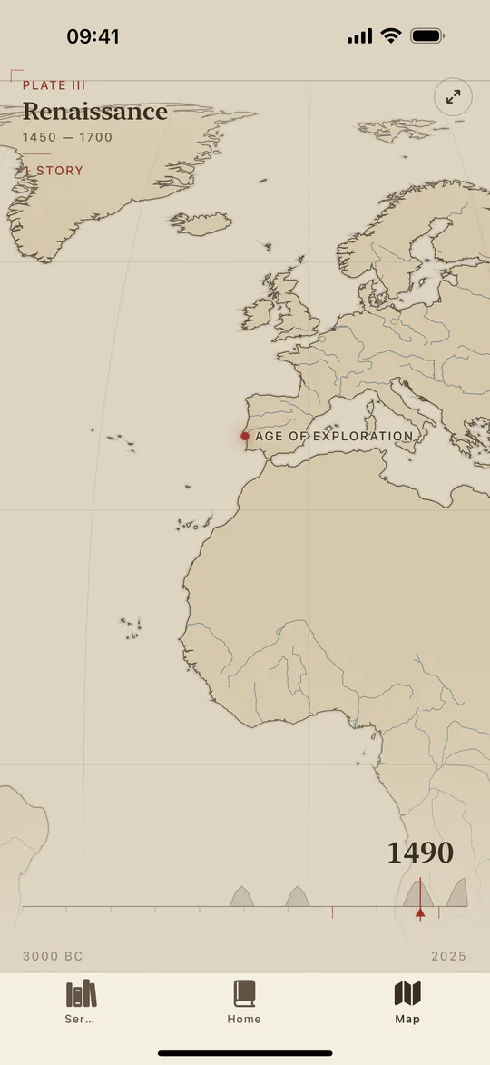 Histia interactive history map showing markers and a time slider