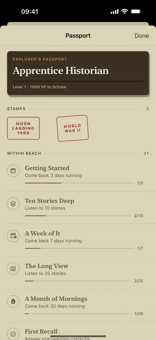 Histia History Passport screen showing a daily streak and completed learning progress