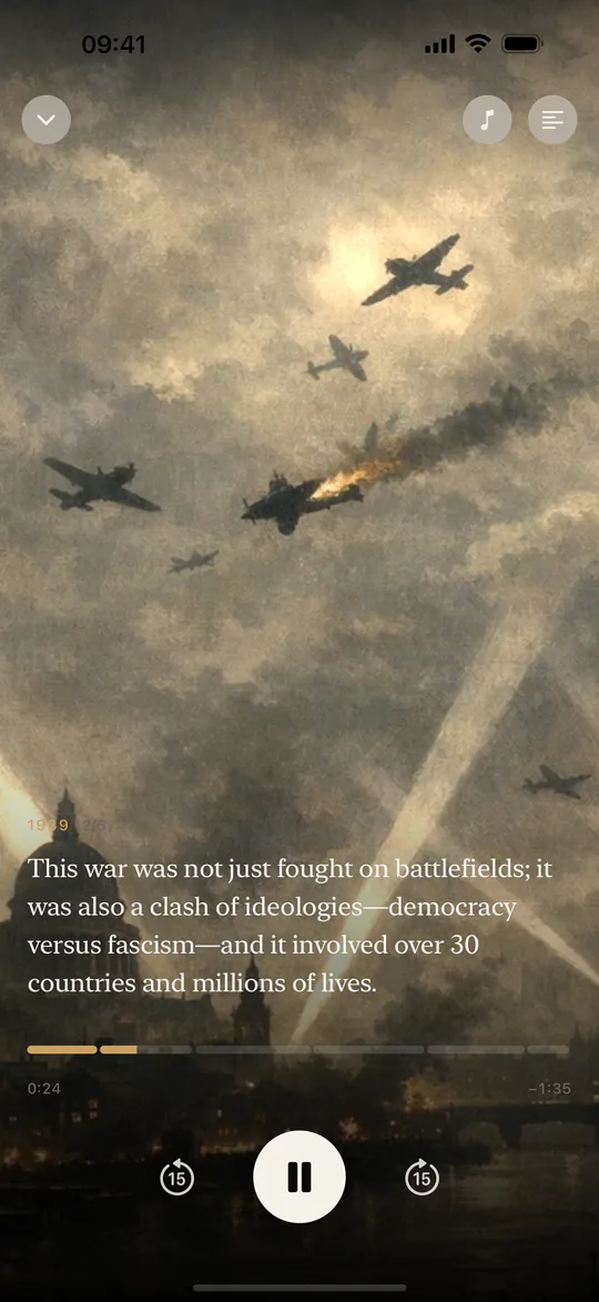 Histia cinematic player showing a Second World War story with narration controls