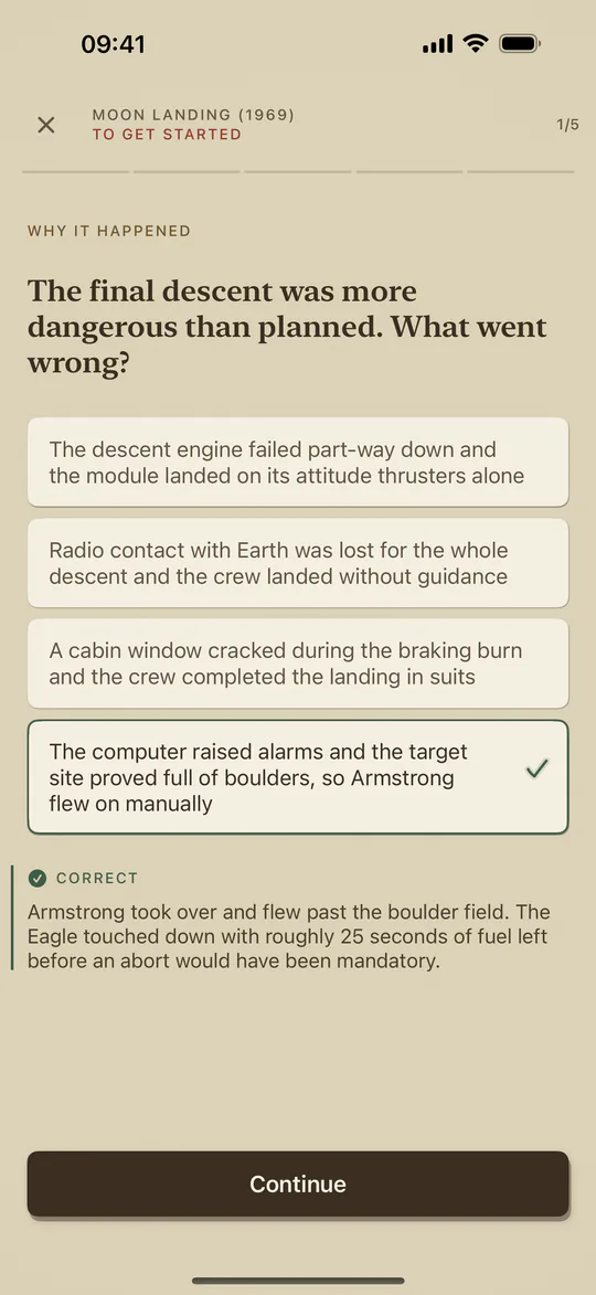 Histia quiz screen showing an answer, correction, and short historical explanation