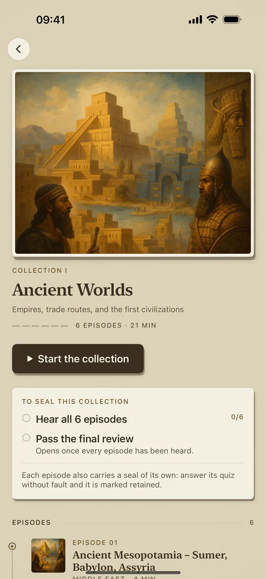 Histia Ancient Worlds series screen showing a sequence of short history stories