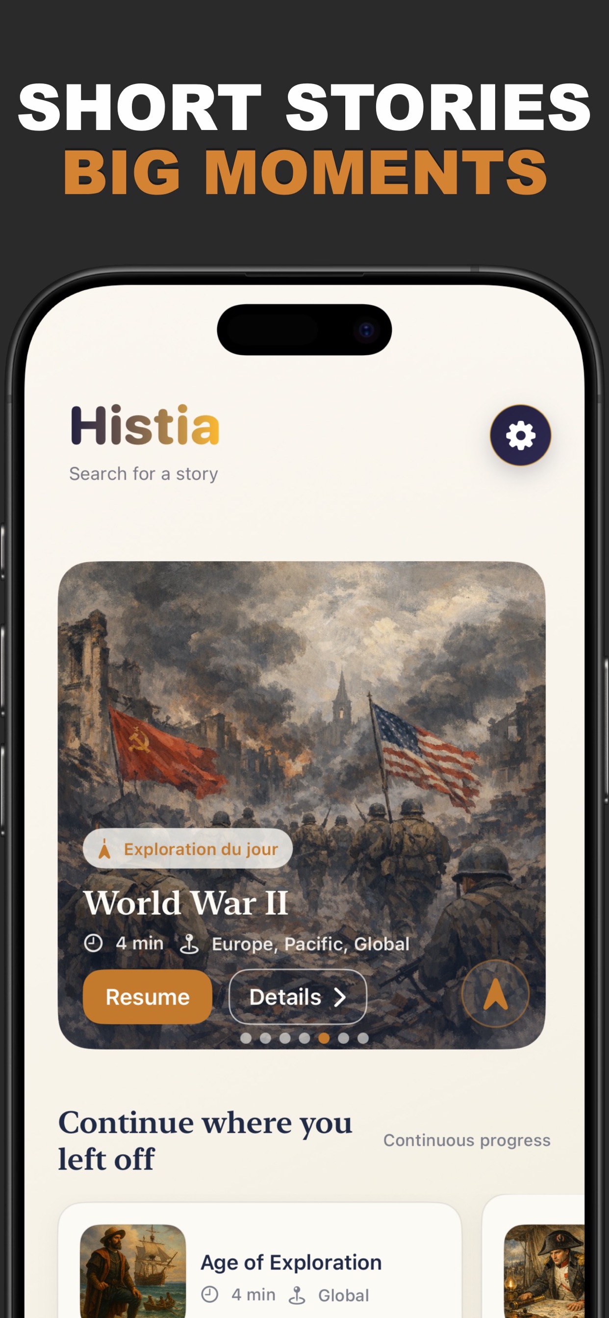 Histia home screen showing short world history stories including a World War II episode