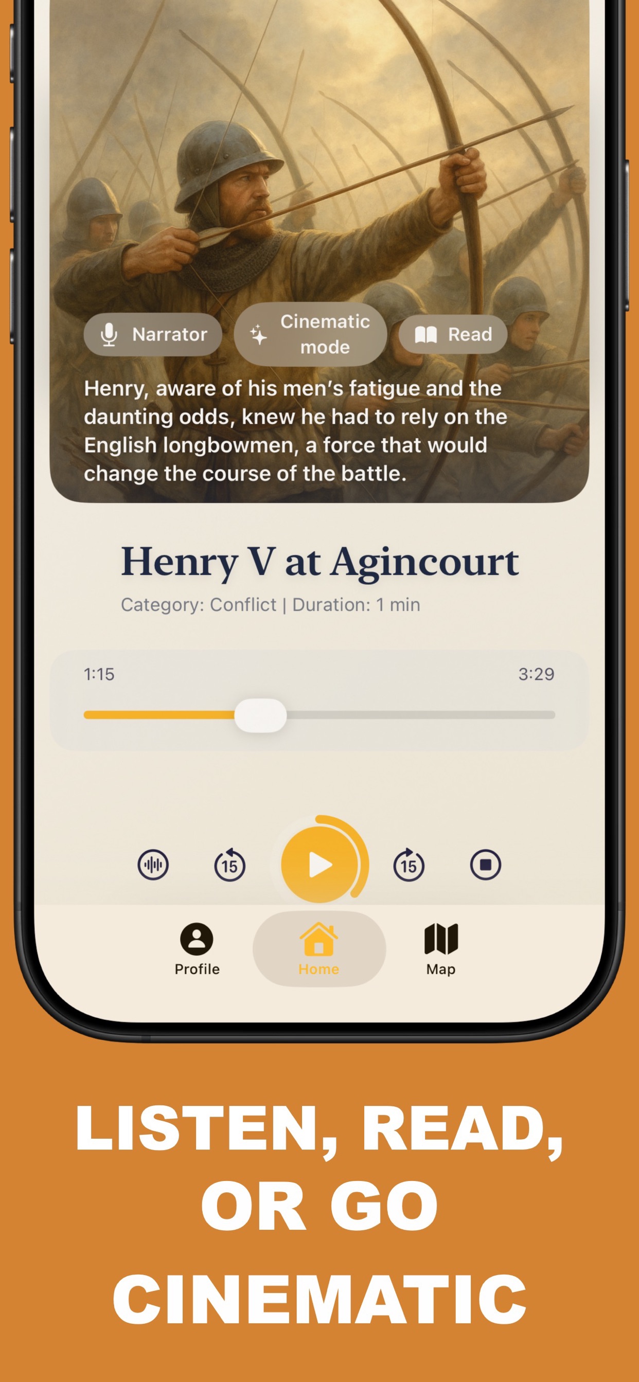 Listen to history: audio narrator playing Henry V at Agincourt with read and cinematic modes