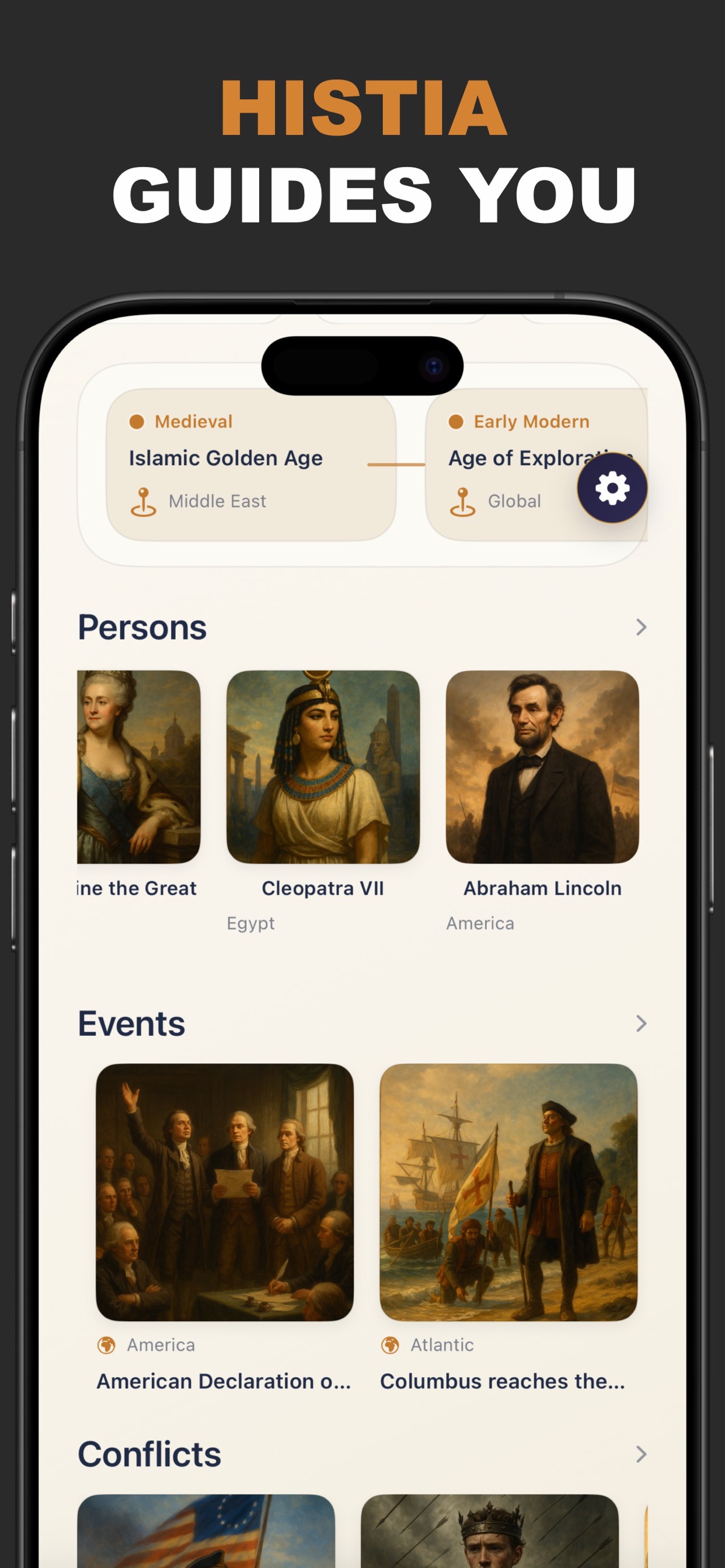 Browse world history by persons, events and conflicts: Cleopatra, Abraham Lincoln, Age of Exploration