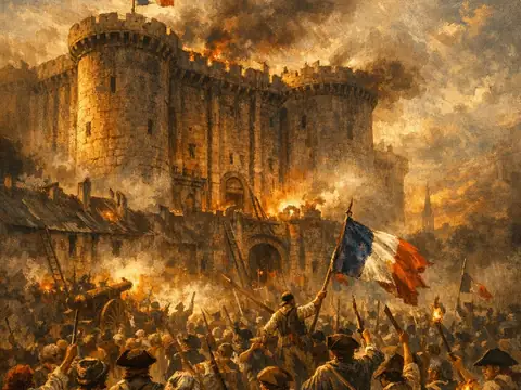Histia illustration of crowds storming the burning Bastille fortress