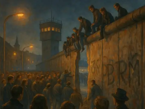 Histia illustration of people climbing the Berlin Wall at night