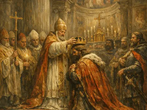 Histia illustration of a pope placing a crown on a kneeling Charlemagne