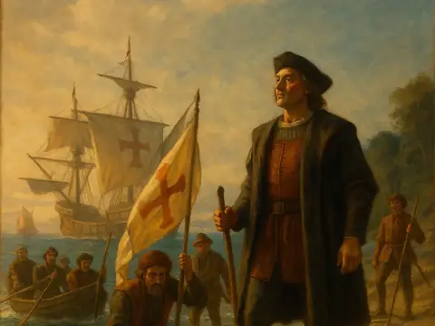 Histia illustration of Columbus on a beach with a flag, ships behind him