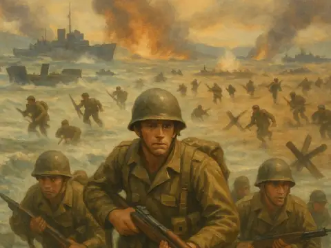 Histia illustration of soldiers wading ashore on a Normandy beach