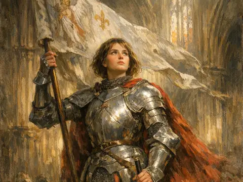Histia illustration of Joan of Arc in armour holding a banner