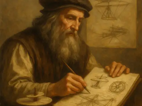 Histia illustration of Leonardo da Vinci sketching machines in a notebook