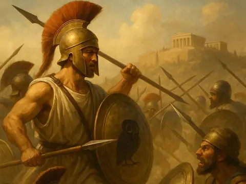 Histia illustration of a Greek hoplite with a round shield in battle