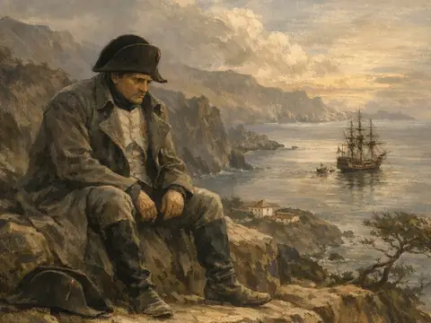 Histia illustration of Napoleon seated alone on a rocky coast, a ship offshore